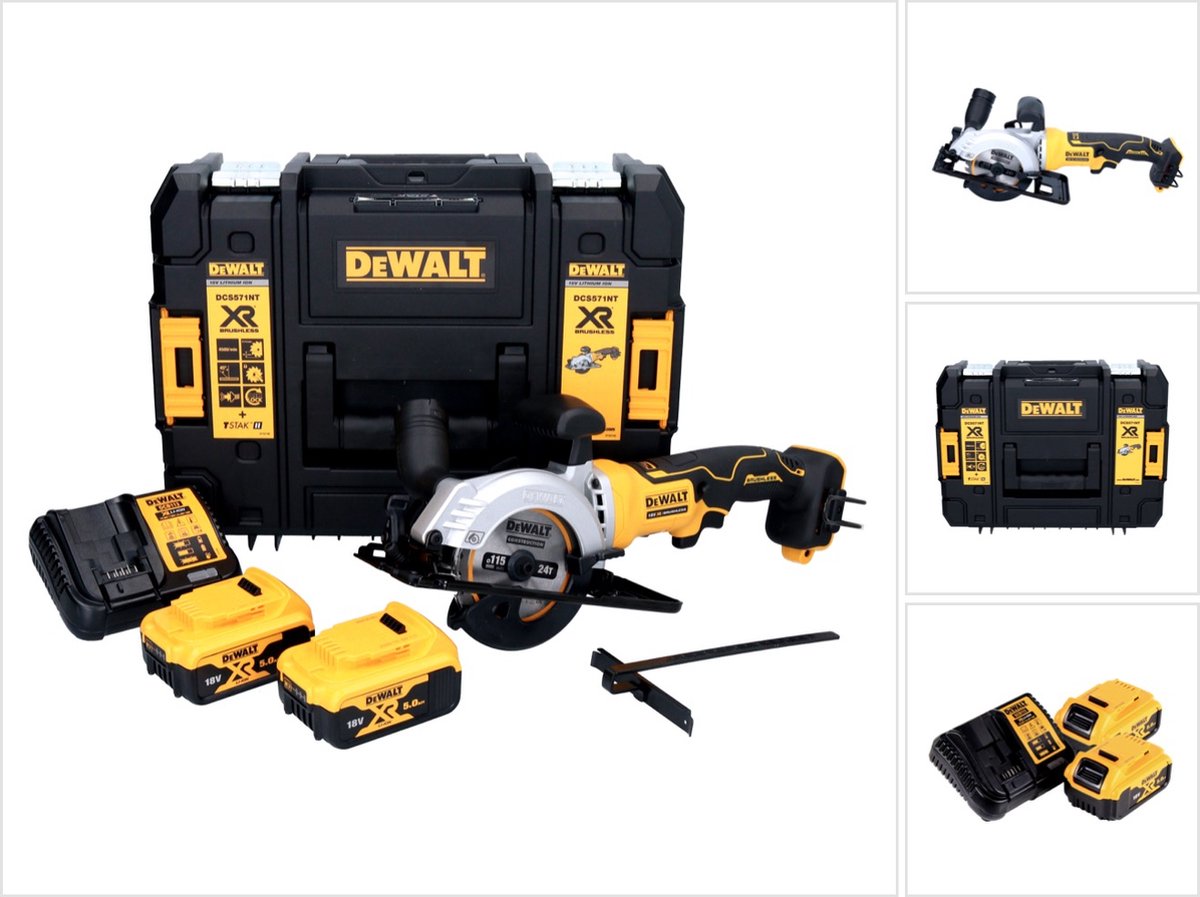 DeWalt DCS 571 P2 Accu-cirkelzaag 18 V 115 mm borstelloos + 2x accu 5.0 Ah + lader + TSTAK