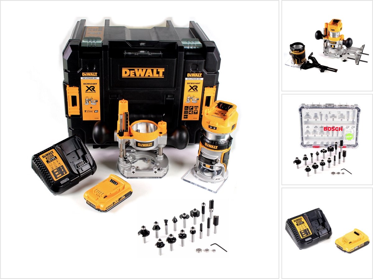 DeWalt DCW 604 D1 accu-combinatiefrees 18 V 55 mm + 1x accu 2,0 Ah + 1x snellader + Bosch 18-delige freesset in TSTAK