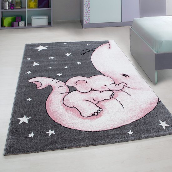 Flycarpets Flycarpets - Kids Kinderkamer Olifant Roze Vloerkleed - 200x290 cm