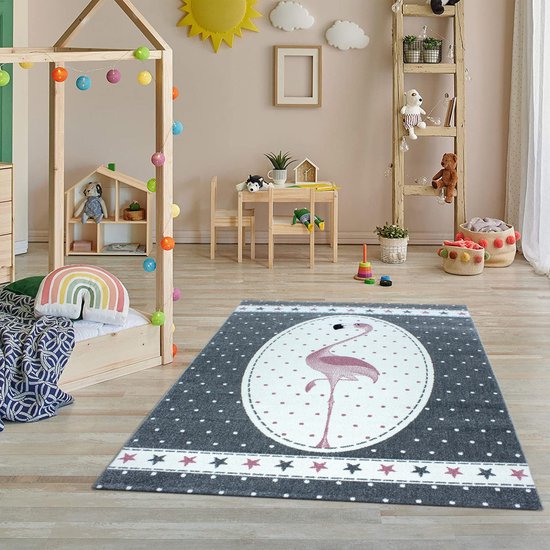 Flycarpets Kids Flamingo Tapis Chambre d'enfant Rose / Grijs - Poils Ras - Tapis de Jeu - Tapis de Jeu - 120x170 cm