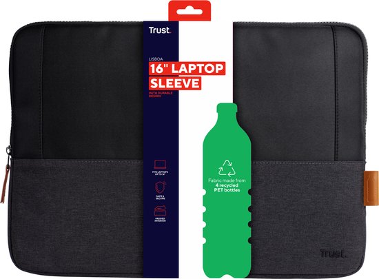 Trust Lisboa - Laptophoes - Laptop sleeve - 16 inch - Gerecycled materiaal - Zwart