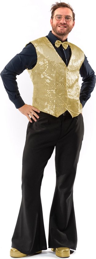 Original Replicas - Glitter & Glamour Kostuum - Paillettenvest Met Strik Golden Boy Man - Goud - XXL - Kerst - Verkleedkleding