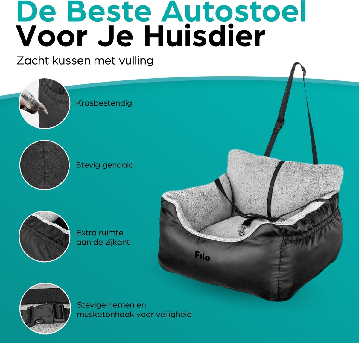 Filo Wasbare Autostoel Hond met Gordel - Hondenmand Auto - Voor in de Auto en Achterbank -Automand Honden - Hondenstoel - Hondenmand – foto 4
