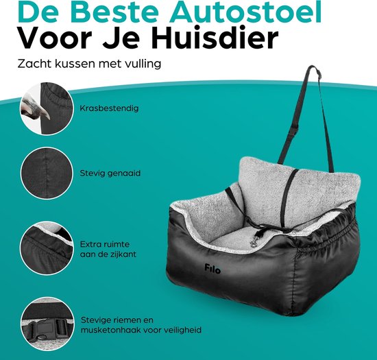 Filo Wasbare Autostoel Hond met Gordel - Hondenmand Auto - Voor in de Auto en Achterbank -Automand Honden - Hondenstoel - Hondenmand