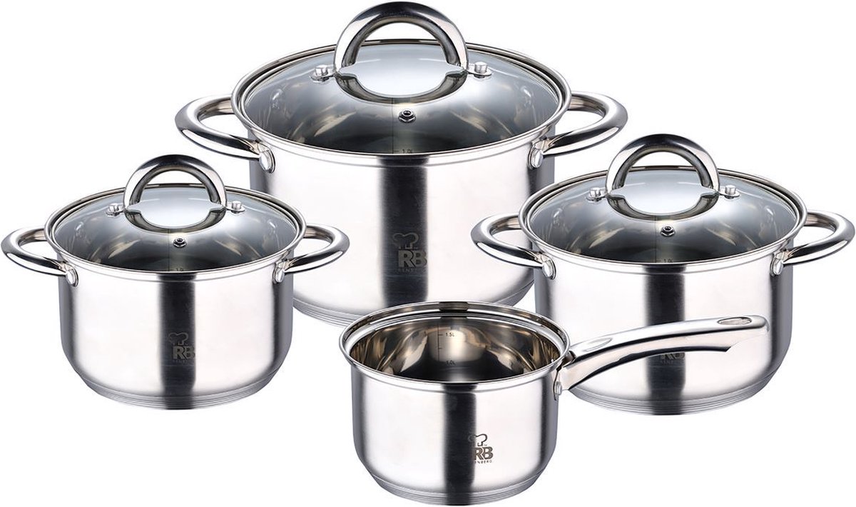 Renberg Alexander Pannenset- RVS- Inductie - 7 delig - 4 Kookpannen 16 - 18 - 20 - 24 cm +3 Deksels