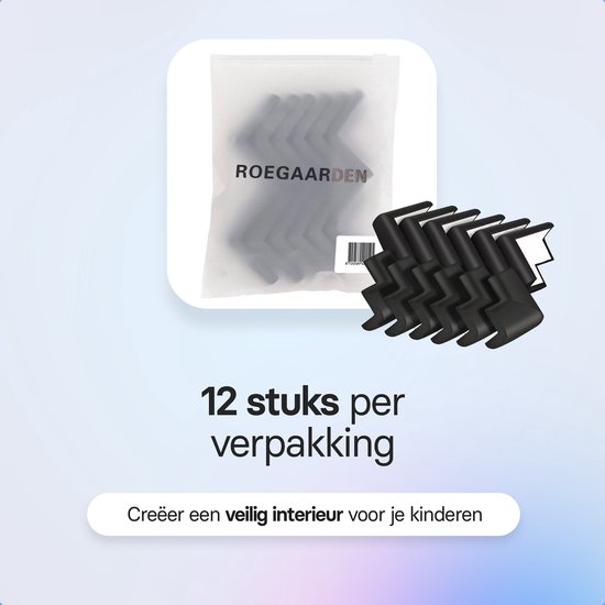 Twaalf zwarte hoekbeschermers uit verpakking, met tekst over aantal en kinderbeveiliging.