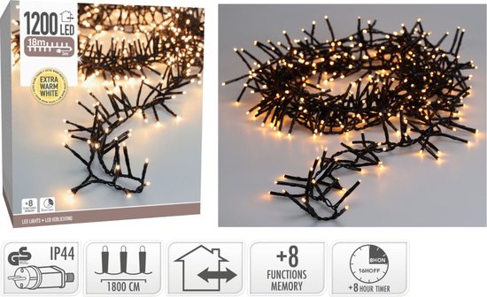 Foto: Maxi cluster kerstverlichting 1200 led 18m extra warm wit timer lichtfuncties buiten binnen