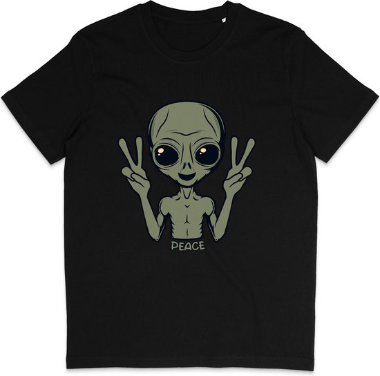 Grappig T Shirt Peace Alien - Heren en Dames - Zwart - XL