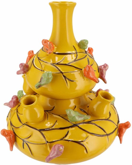 DK Design Vase à fleurs Spring Birds - 2 pièces - vase pour tulipes - jaune - D23 x H25 cm - vase en corne