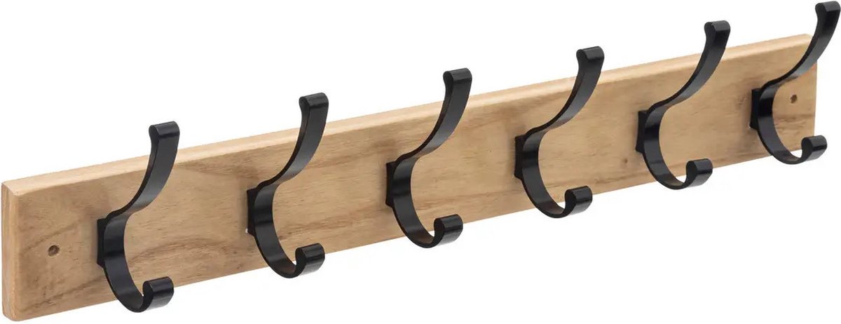 5Five Kapstok rek voor wand/muur - lichtbruin/zwart - 6x ophanghaken - MDF/metaal - 58 x 8 cm