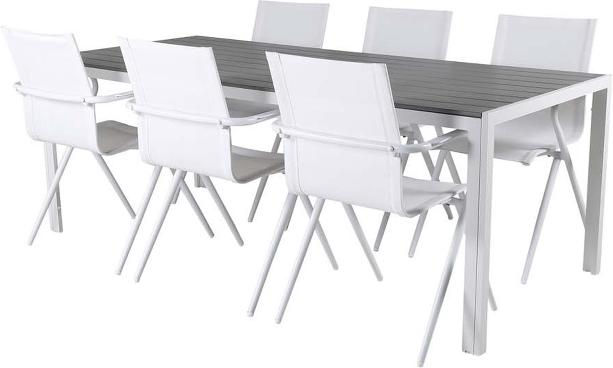 Hioshop Break tuinmeubelset tafel 90x205cm grijs 6 stoelen Alina wit