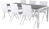 Break tuinmeubelset tafel 90x205cm grijs, 6 stoelen Alina wit.