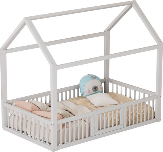 Merax Houten Kinderbed - Huisbed met Uitvalbeveiliging - Bed voor Kinderen met Hekje - Wit