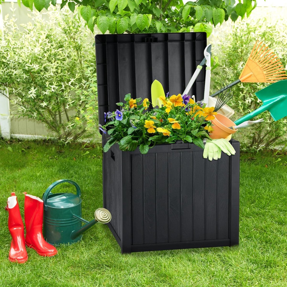Bol.com Medium-deck box, opbergdoos voor terraskussen, levering voor zwembad, tuingereedschap, weerbestendig, bruin, met slot, v... aanbieding