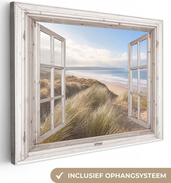 Canvas - Doorkijk - Zee - Strand - Duinen - Woonkamer - 120x90 cm - Canvas schilderij - Wanddecoratie