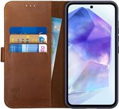 Rosso Deluxe Echt Leer Book Case Hoesje Geschikt voor Samsung Galaxy A55 | Ruimte voor drie pasjes | Portemonnee Book Case | Met Pasjeshouder | Bruin