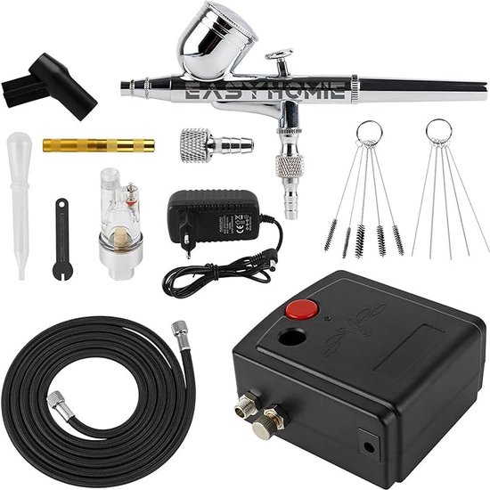 Airbrush Set Met Compressor Compleet - Roestvrij Staal - Luchtcompressor - Mini luchtfilter - Voeding - 1.8 m luchtslang - Airbrushhouder - Reinigingskit (5 x borstel; 1 x Gouden airbrush naaldgereedschap; 5 x airbrush reinigingsnaalden) - Druppelaar - Easyhomie