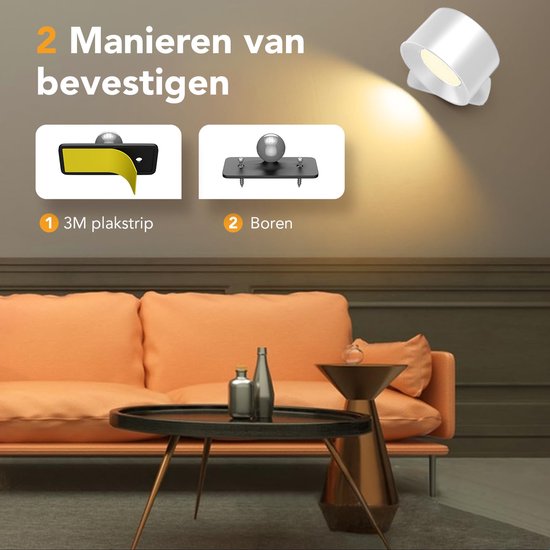 Twee manieren van bevestigen voor de Luminize wandlamp: 1. 3M plakstrip, 2. Boren met schroeven. De lamp is boven een bank te zien.