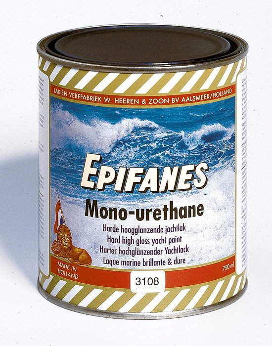 Blik Epifanes Mono-urethane harde hoogglanzende jachtlak, 750 ml, nummer 3108. Met golven op de achtergrond.