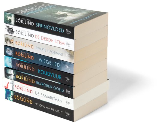 Stapel boeken van Cilla & Rolf Börjlind, met titels als 'Springvloed', 'De Derde Stem' en 'Wiegelied'.
