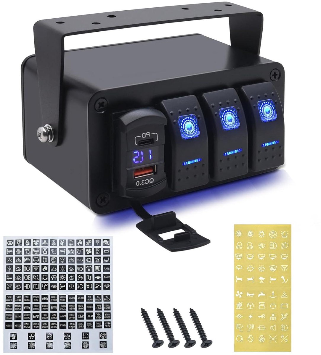 Allecto Plus - Schakelpaneel 3-Gang IP65 Waterdicht 12V/24V LED AAN/UIT Schakelpaneel met Voltmeter 4.8A PD Oplaadpoort & QC3.0 Geschikt voor Auto Camper Marine Boot Voertuigen