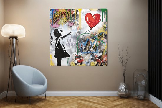 Tableau carré sur toile - Banksy Art - Fille et Ballon - Graffiti Art - 60x60x2 cm
