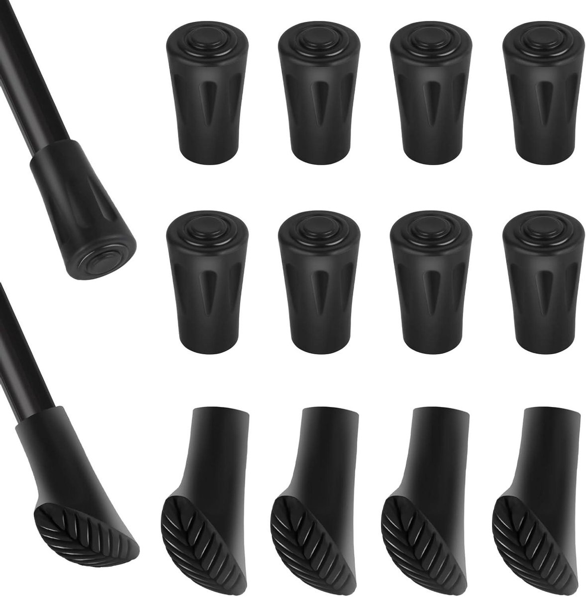 Allecto Plus - Rubberen buffers voor Nordic Walking-stokken - 12 stuks - Antislip - Voor wandelstokken op verschillende terreinen - 2 stijlen - Geschikt voor asfalt en grind - Bergen wandelen - Rubberen buffer met extra grip - Duurzaam materiaal