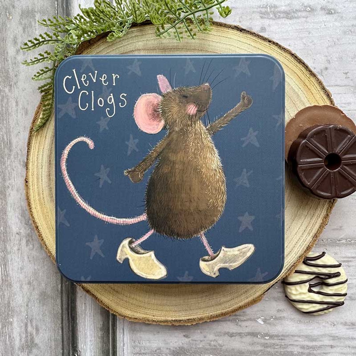 Alex Clark Large Square Tin Clever Clogs ~ Vierkant opbergblikje muis