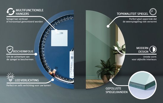 Miroir LED Tulup - Miroir LED rond sans rebord - 40 cm x 40 cm - Miroir LED avec rebord Witte - Wit chaud 3000 K - Miroir avec Siècle des Lumières
