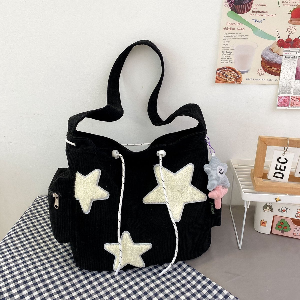 Dames schoudertas, corduroy dames schoudertas, leuke handtas, grote crossbody tas, boodschappentas, geschikt voor school, kantoor, werk, reizen, uitje, winkelen-Zwart