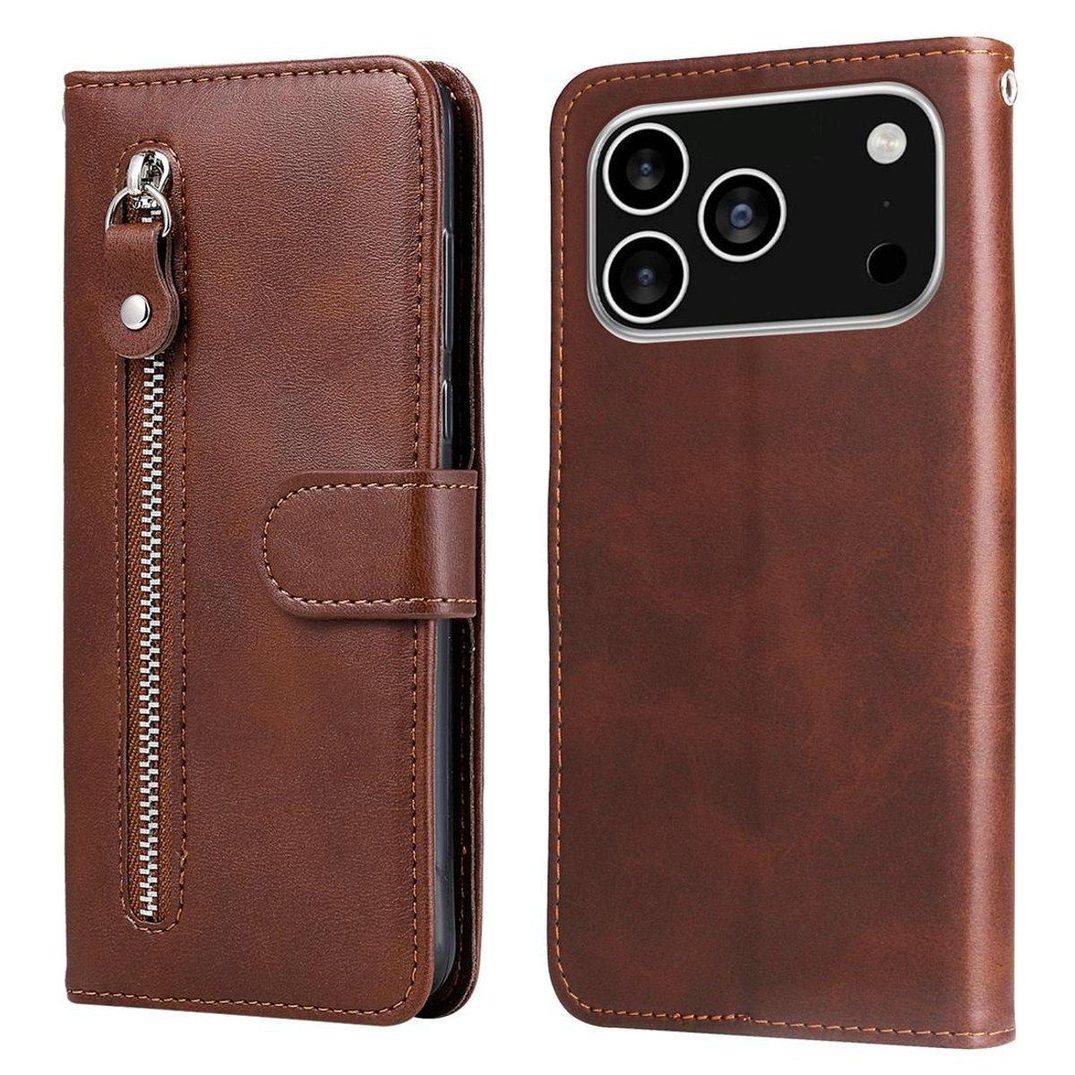 Mobigear Telefoonhoesje geschikt voor Apple iPhone 17 Pro Hoesje | Mobigear Zipper Bookcase Portemonnee | Pasjeshouder voor 3 Pasjes | Telefoonhoesje voor Pinpas / OV Kaart / Rijbewijs - Bruin