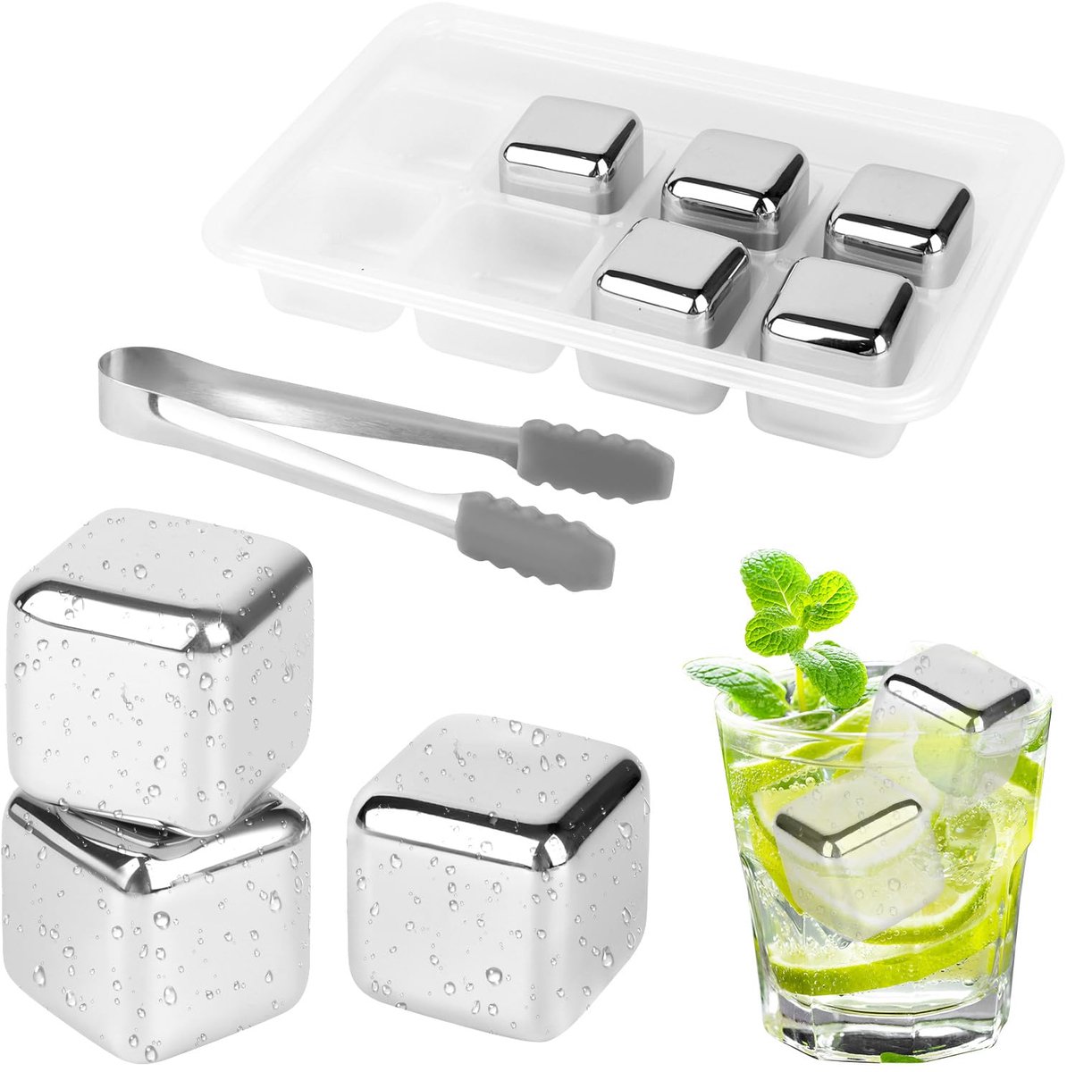 Ibenzoa® Herbruikbare Roestvrij Stalen Whisky IJsblokjes - 8 Stuks met Opbergdoos