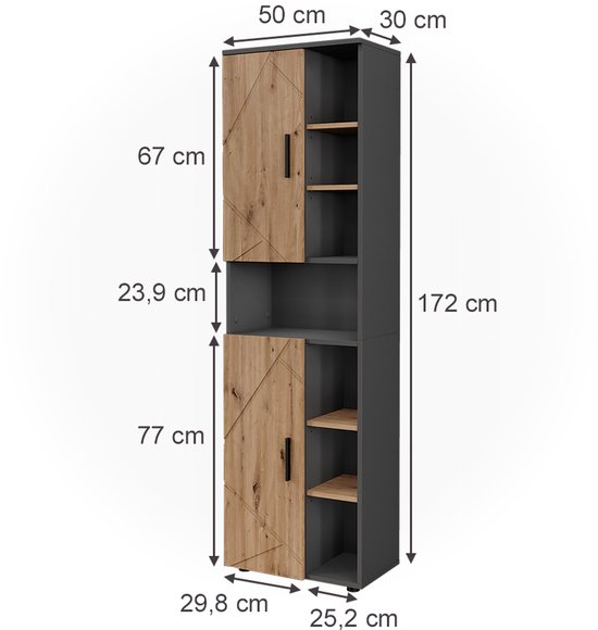 Vicco Hoge kast Irma, Antraciet/Goudkleurig Eiken, 50 x 172 cm met 2 deuren