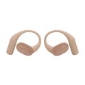 Twee beige JBL oordopjes met oorhaken en JBL logo's.