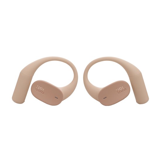 Twee beige JBL oordopjes met oorhaken en JBL logo's.
