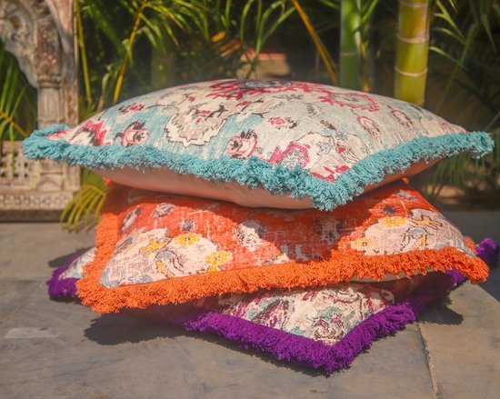 Meditatiekussenhoes - 65 cm met franjes - Vierkant bedrukt Boho Chic vloerkussenhoes van katoen van Merkloos — afbeelding 4