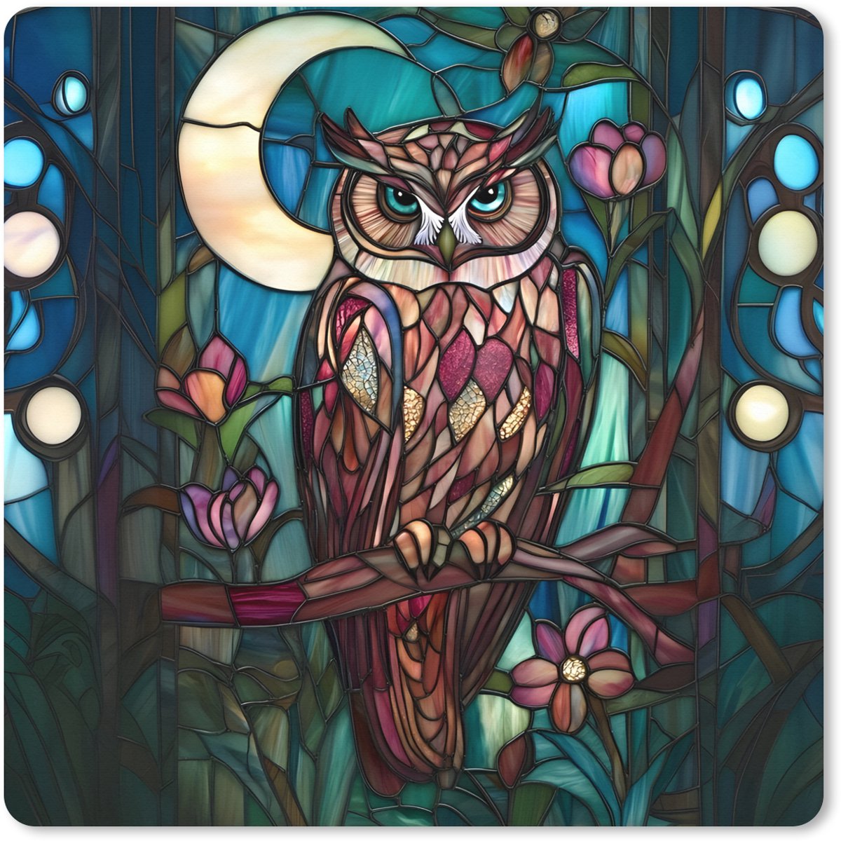 Muismat XXL 40x40 cm - Bureau onderlegger - Bureau mat Uil - Mozaïek - Maan - Nacht - Bureaumat - Gaming mousepad xl - Bureaulegger groot - Computer deskmat