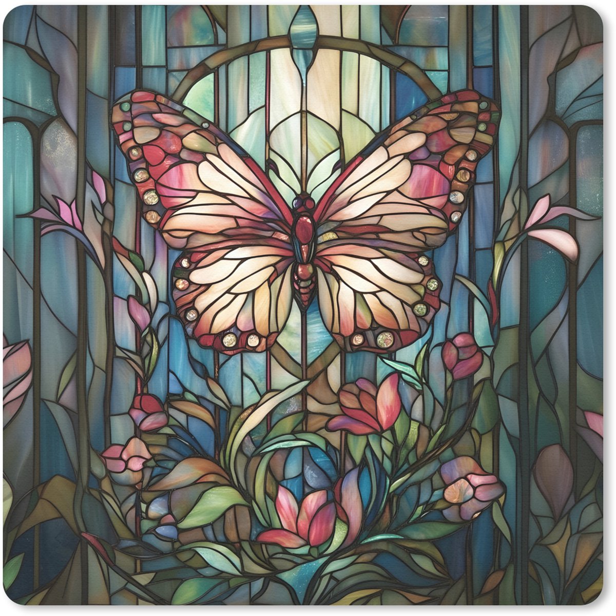Muismat 20x20 cm - Mousepad Vlinder - Roze - Bloemen - Bladeren - Muismatten