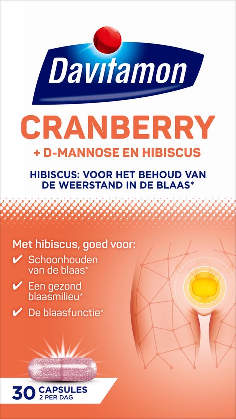 Davitamon Cranberry verpakking met rode en oranje accenten. Tekst 'CRANBERRY + D-MANNOSE EN HIBISCUS'. Afbeelding van blaas en een capsule.