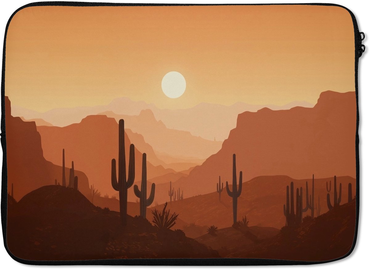 Laptophoes 14 inch - Landschap - Woestijn - Cactussen - Zon - Laptop sleeve - Binnenmaat 33x23 cm - Zwarte achterkant