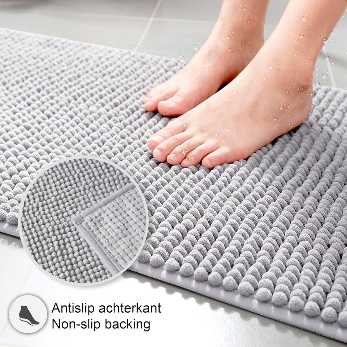 Famanu - Badmat Anti-Slip av soft Chenille | Super absorberend en machinewasbaar | Te combineren als badmat set | Voor de badkamer, douche, bad of als WC mat | Grijs – 40x60 cm