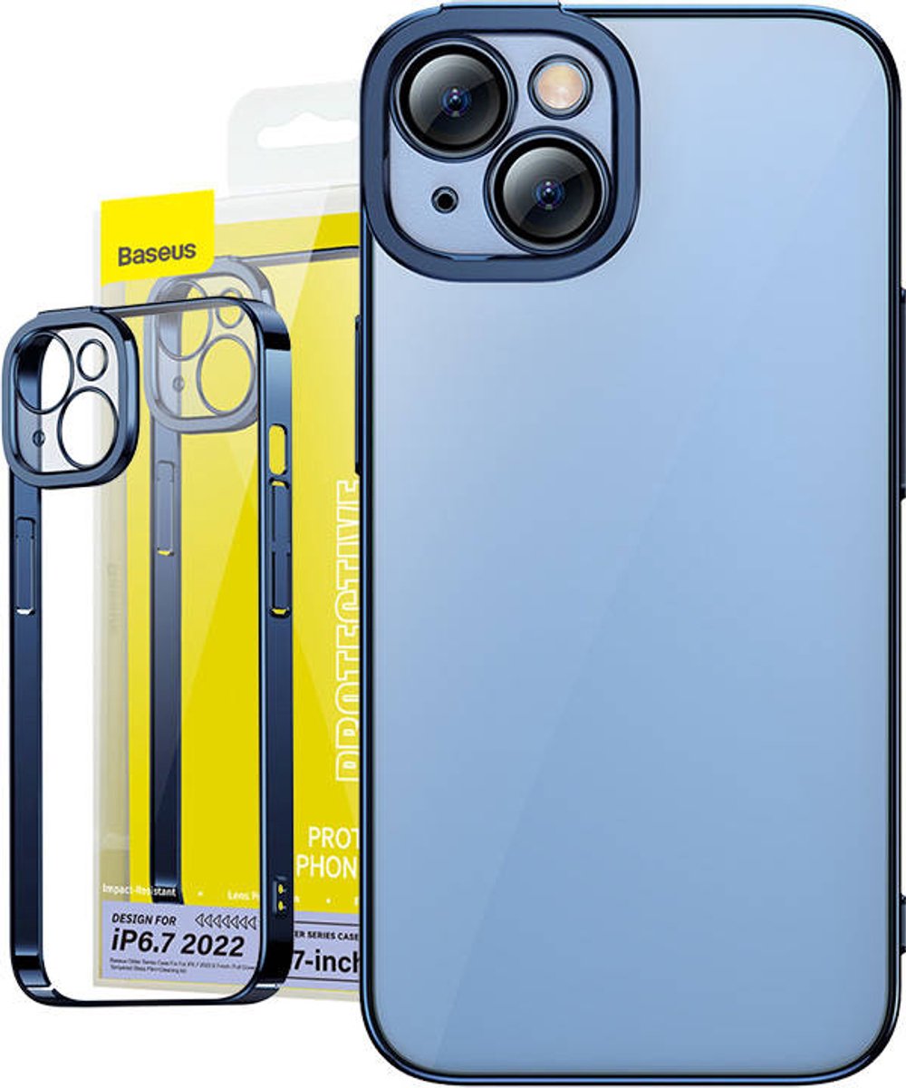 Baseus Glitter Clear Case En Gehard Glazen Beschermhoesset Voor Iphone 14 Plus (Blauw)
