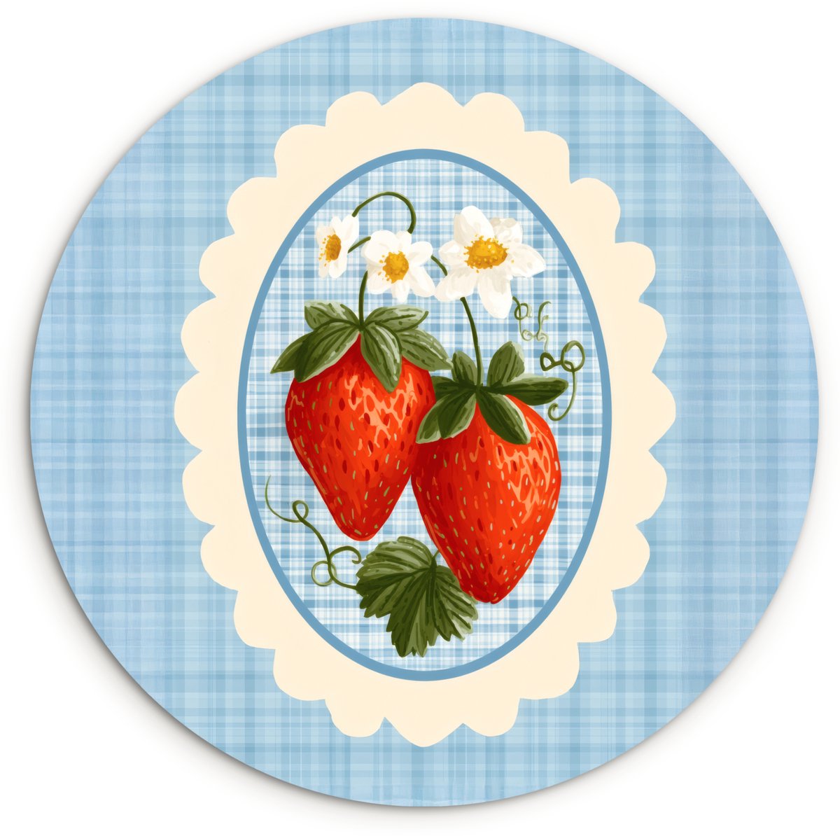 WallCircle Wandcirkel 120x120 cm - Muurcirkel Aardbeien - Lijst - Rood - Geruit - Muurdecoratie woonkamer - Wanddecoratie slaapkamer - Kamer decoratie accessoires - Ronde schilderijen