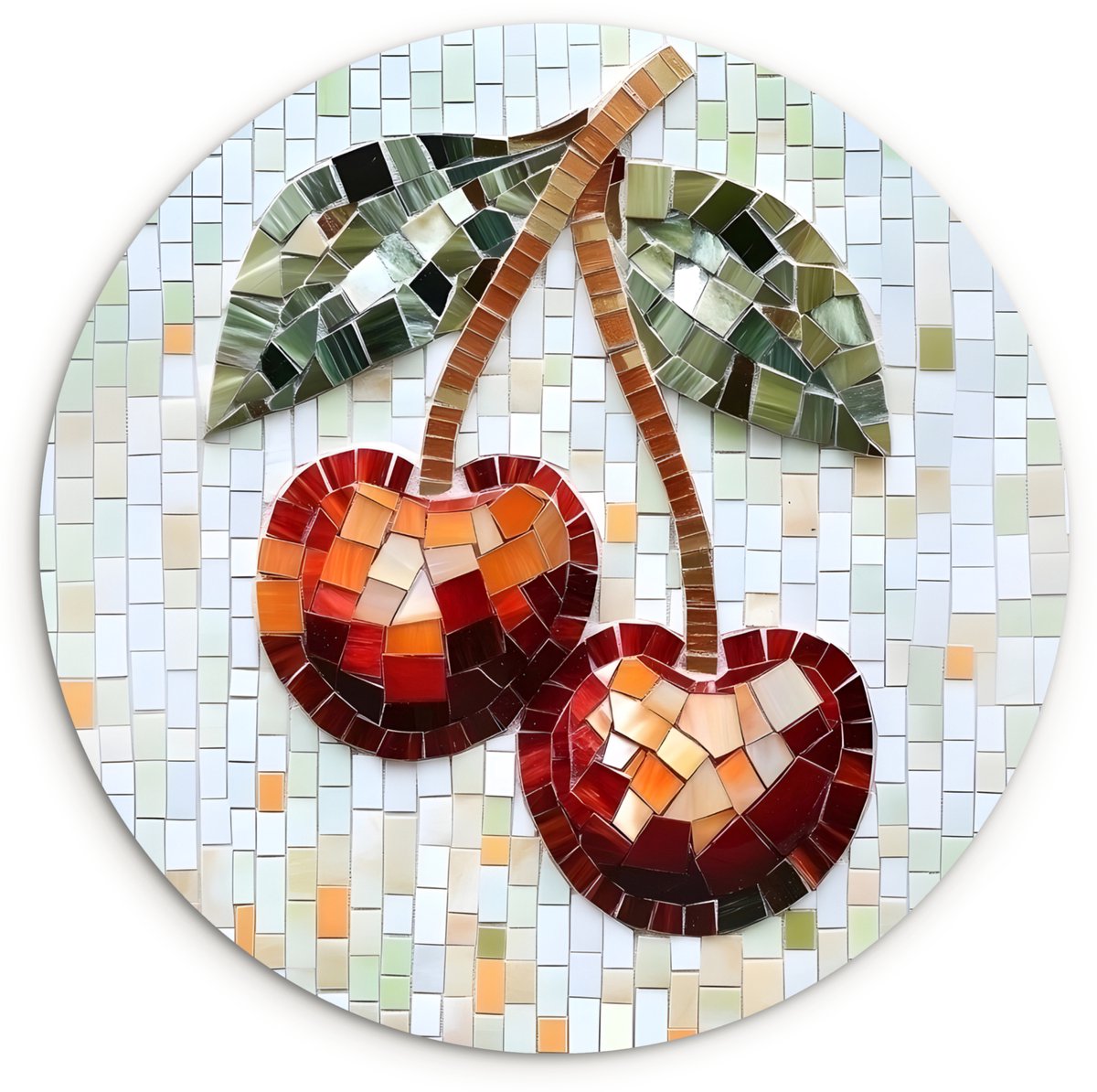 WallCircle Wandcirkel 30x30 cm - Muurcirkel Kersen - Rood - Mozaïek - Blaadjes - Muurdecoratie woonkamer - Wanddecoratie slaapkamer - Kamer decoratie accessoires - Ronde schilderijen kersen - Mozaïek