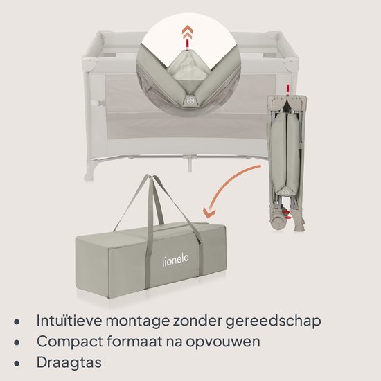 Grijze reiswieg die wordt opgevouwen met een draagtas, en een close-up van de montage.