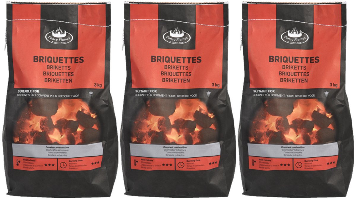 Fancy Flames Barbecue/BBQ Briketten - 3x - 3 kilo - 100% natuurlijk - geschikt voor BBQ