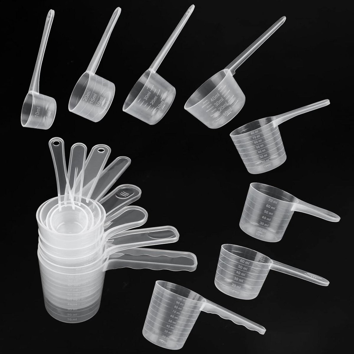 JGS Premium - Maatlepelset met 8 doseerlepels - 100 ml 80 ml 70 ml 60 ml 50 ml 40 ml 20 ml 10 ml - Transparante kunststof meetlepels voor wasmiddel - Handig voor melkpoeder en waspoeder met wasmiddeldoseerhulp