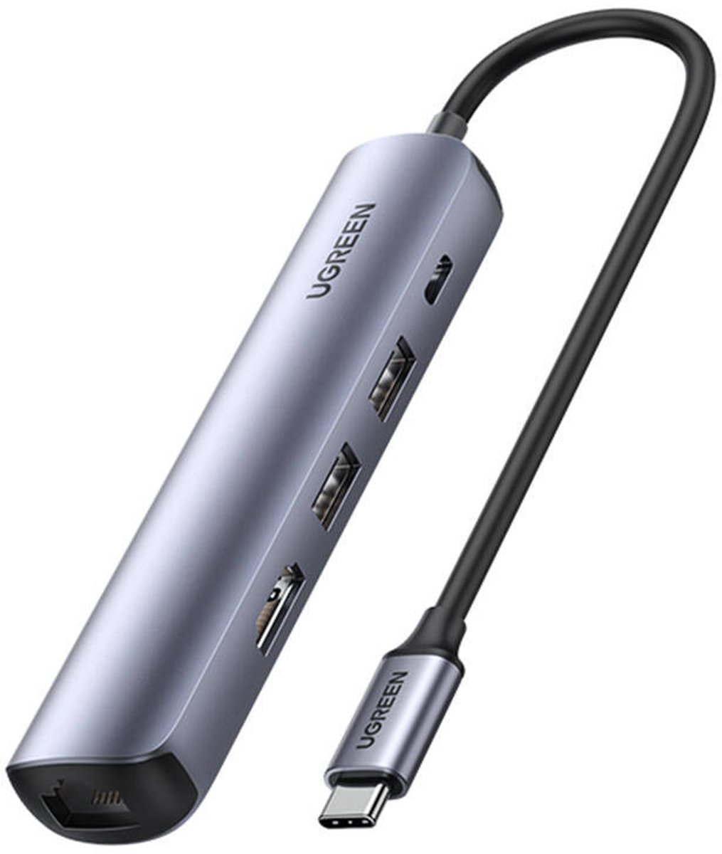 Hub/Adapter Ugreen Revodok Cm418 Usb-C Naar 2X Usb, Hdmi 4K 30 Hz, Rj45 1 Gbps, Pd 100 W (Grijs)