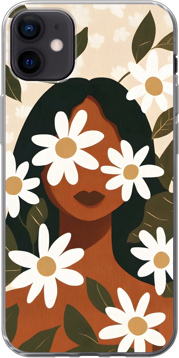 Telefoonhoesje Geschikt voor iPhone 12 mini hoesje - Illustratie - Vrouw - Madeliefjes - Wit - Siliconen Telefoonhoesje Telefoonhoesje