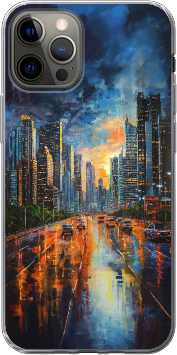 Telefoonhoesje Geschikt voor iPhone 13 Pro hoesje - Auto - Skyline - Zon - Blauw - Siliconen Telefoonhoesje Telefoonhoesje